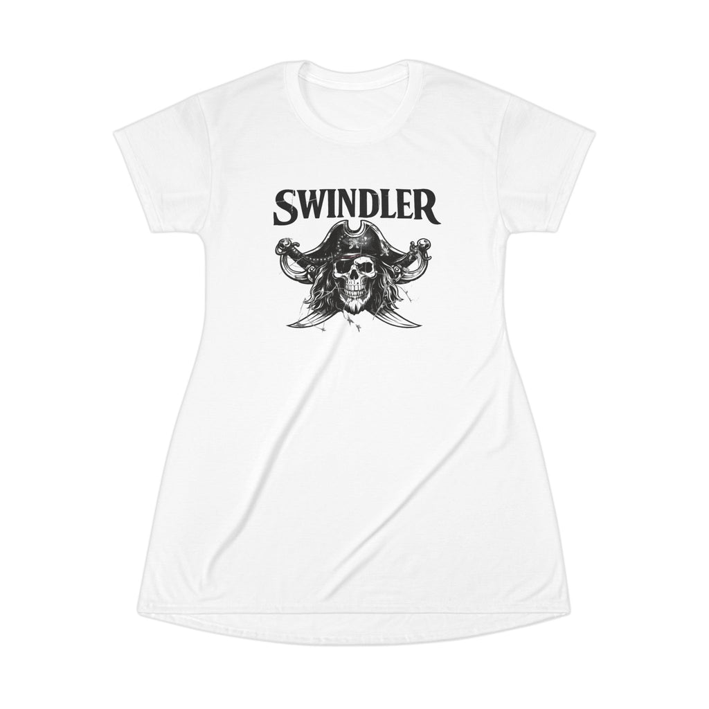 Swindler Pirate Skull T‑Shirt Dress (White) — Gothic Skull Pirate Graphic Dress