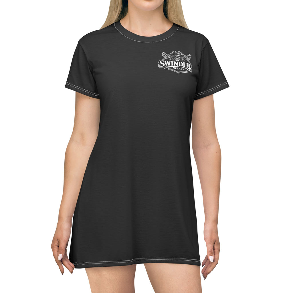 Swindler Crest T-Shirt Dress (Black) — Gothic Logo All-Over Print