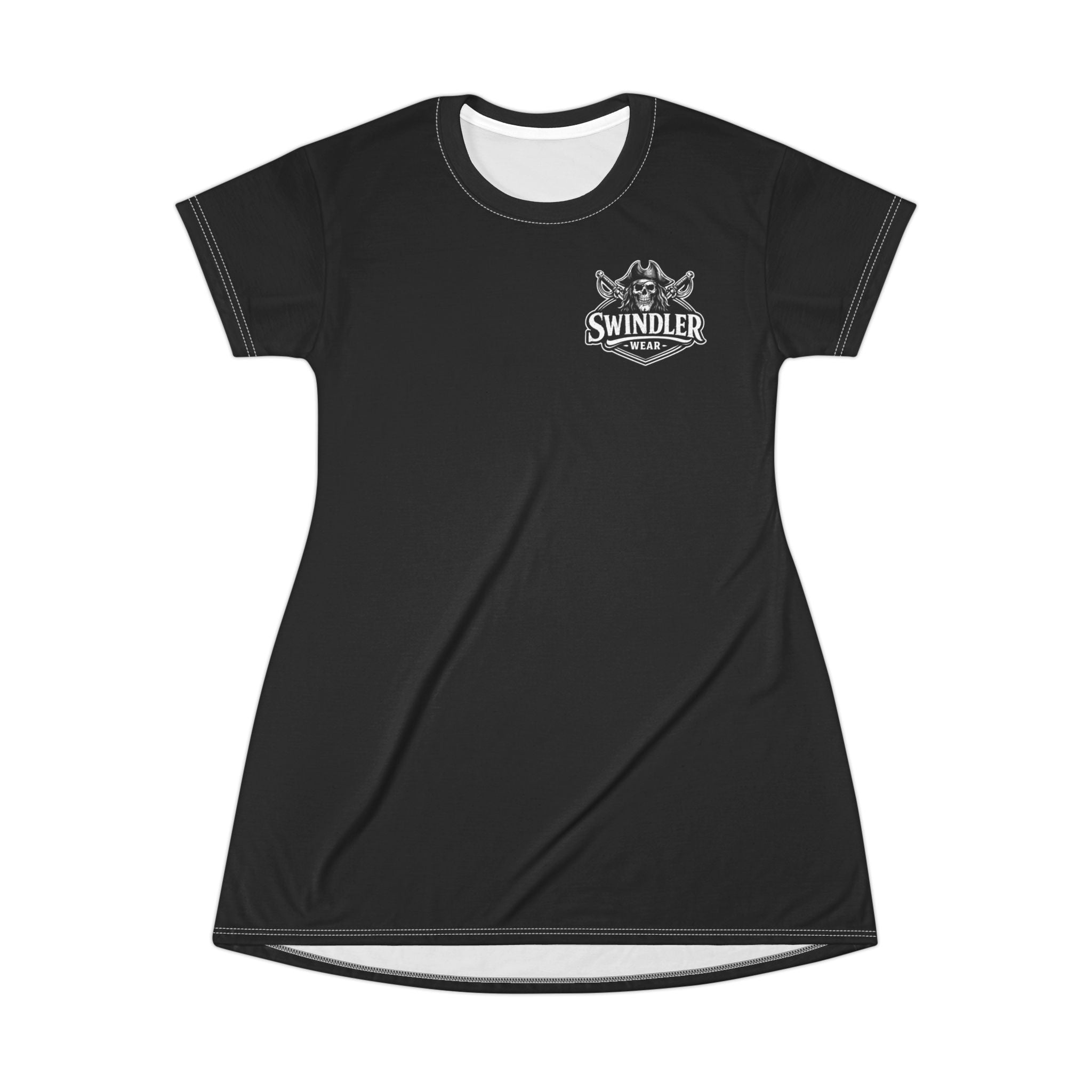Swindler Crest T-Shirt Dress (Black) — Gothic Logo All-Over Print