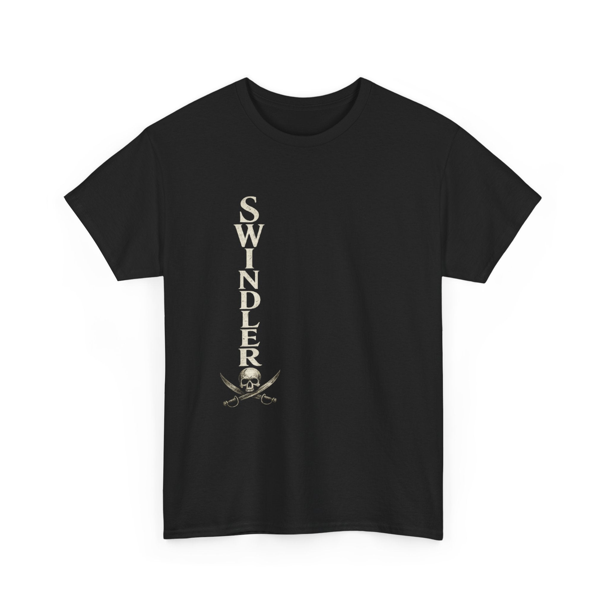 Swindler Skull Vertical Graphic Tee - Pirate-Inspired Vintage Skull & Swords T-Shirt (Unisex)