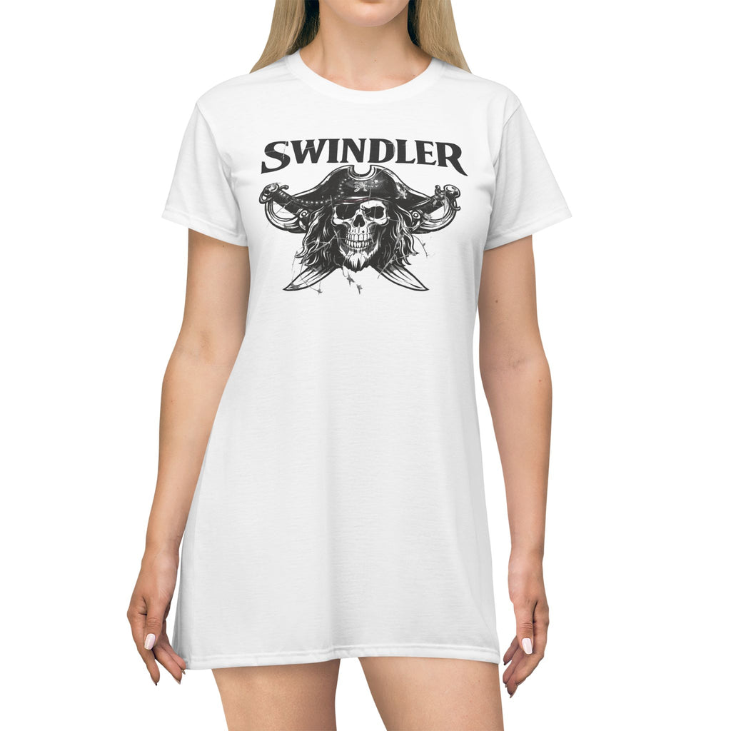 Swindler Pirate Skull T‑Shirt Dress (White) — Gothic Skull Pirate Graphic Dress